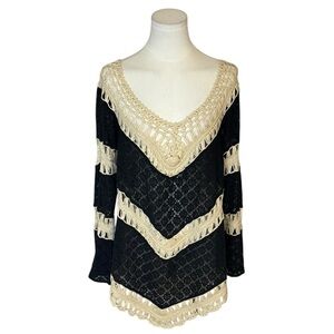 VELZERA Black‎ Cream Crochet Boho Bohemian Hippie Top Size M L Flowy Long Sleeve